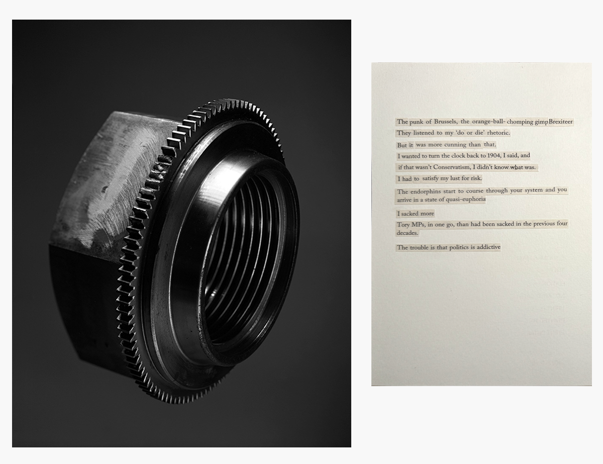 Photograph of threaded nut floating next to text