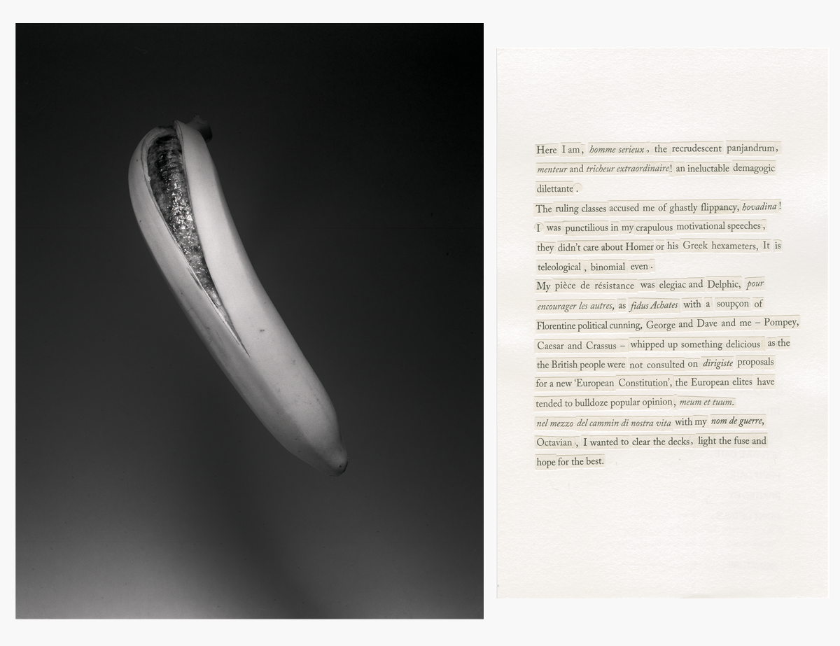 Photograph of a banana floating next to text
