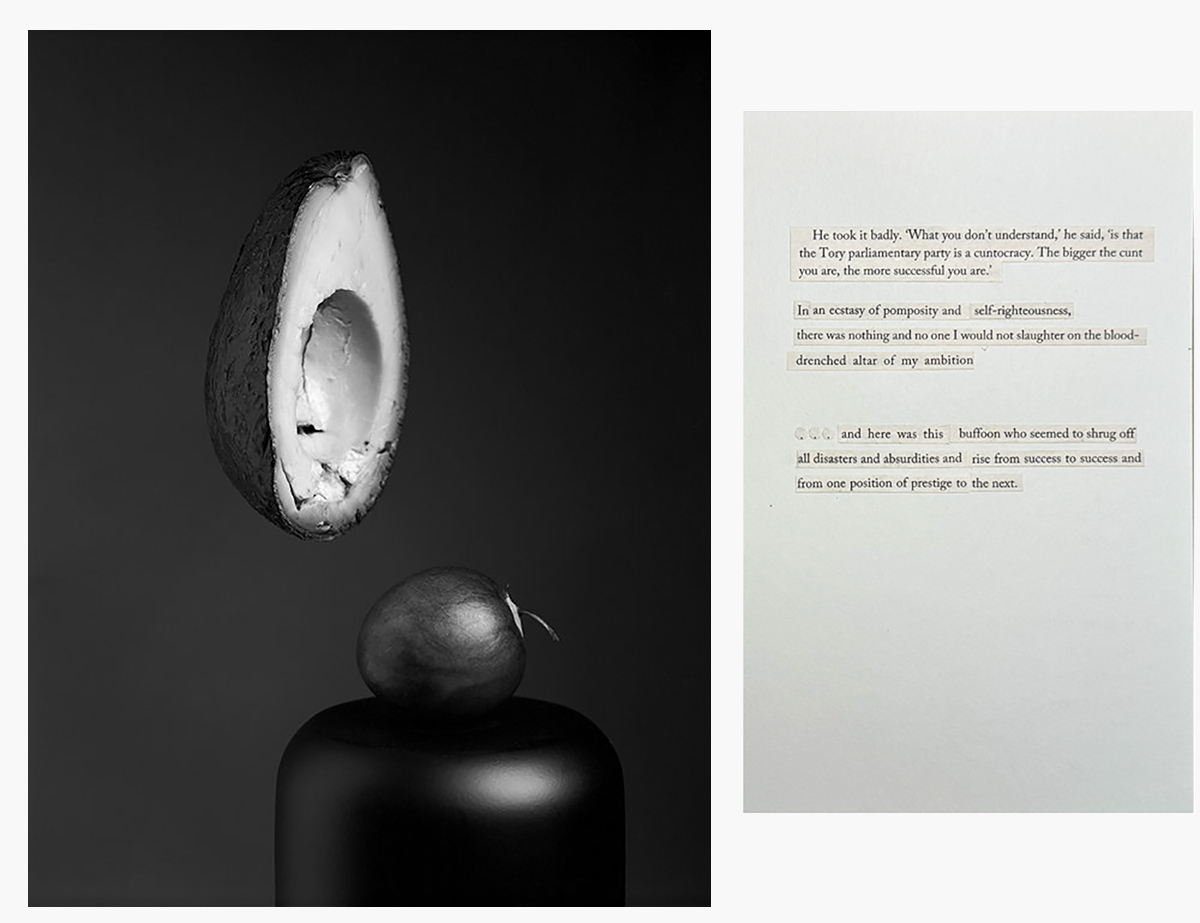 Photograph of avocado floating next to text