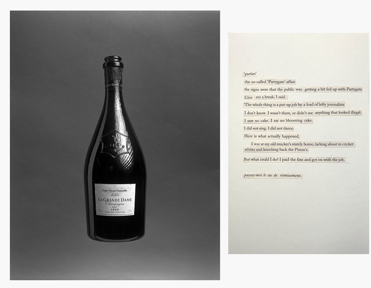 Photograph of a champagne bottle floating next to text