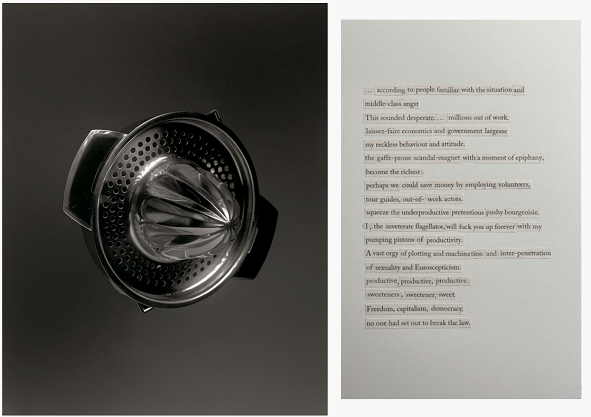 Photograph of a lemon squeezer floating next to text