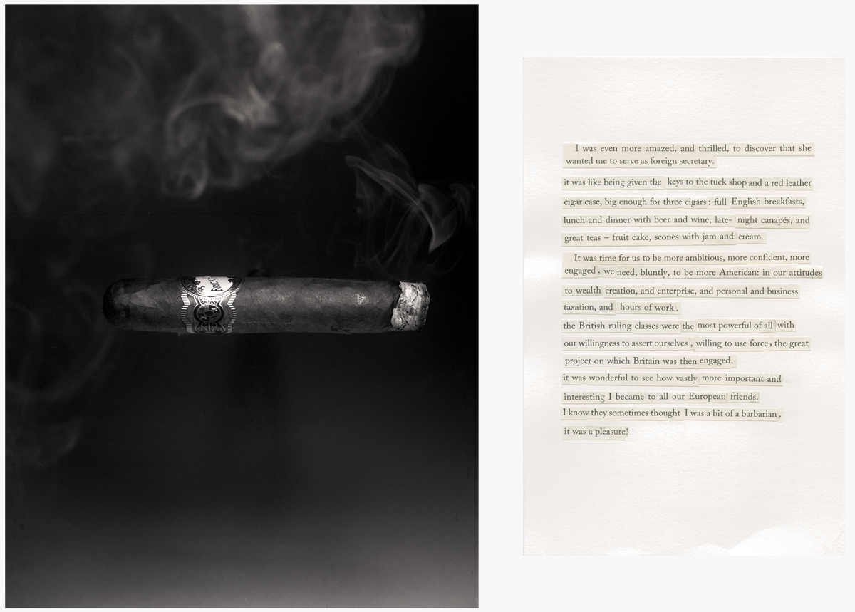 Self smoking cigar floats in the frame amid smoke emminating from the ash
