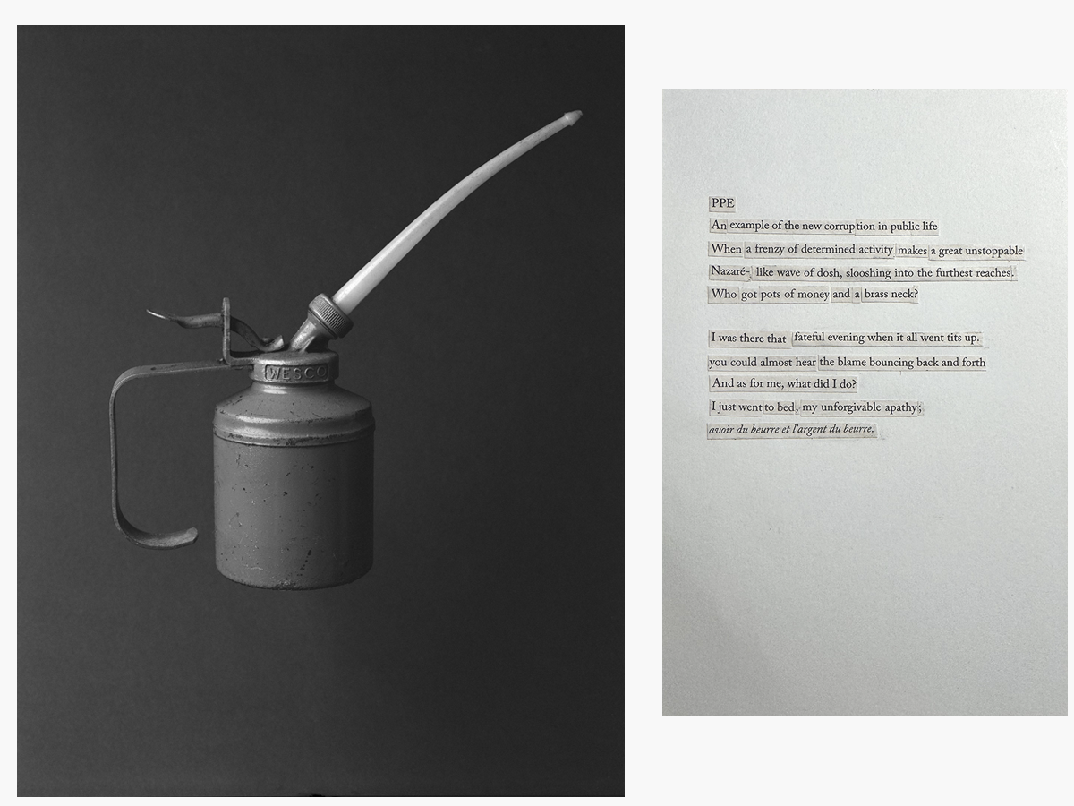 Photograph of an oil can floating next to text